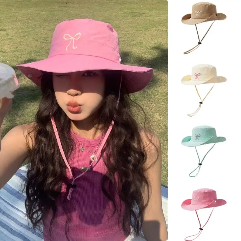 

Korean Pink Bow Quick Dry Fisherman Hat Windproof Rope Women Outdoor Camping Mountaineering Hats Girl Summer Sunscreen Bow Cap