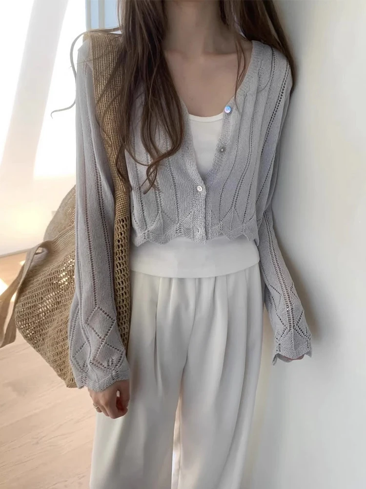 

Liangliang Slim Fit Hollow out Knitted Cardigan Women's Summer New Sle ort Sun Protection Top Korean Sle Long Sve V-...
