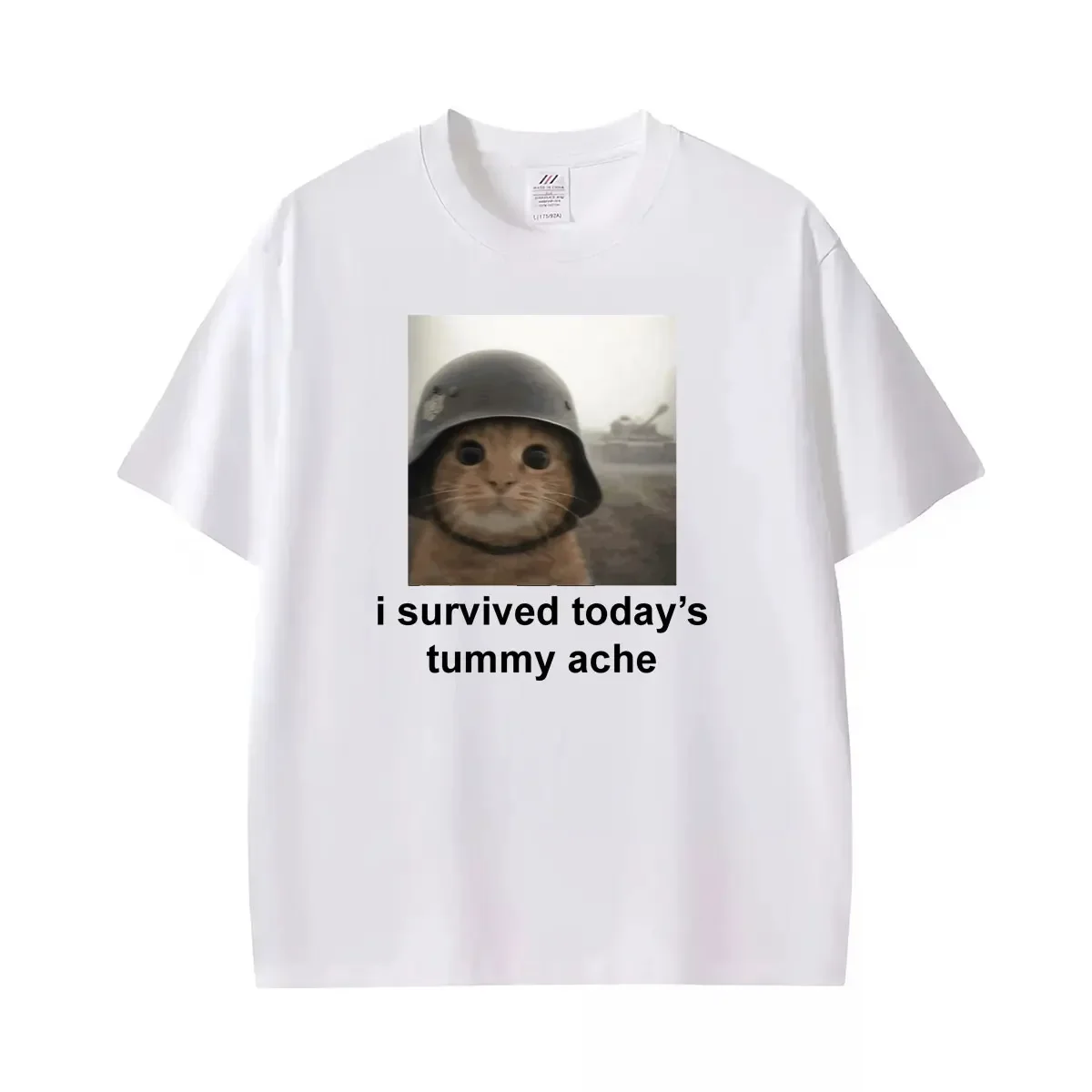 Tummy Ache Cat Meme I Survived Todays Tummy Ache Graphic T Shirts =omen Street Hot Sale T-shir=versized TShirt