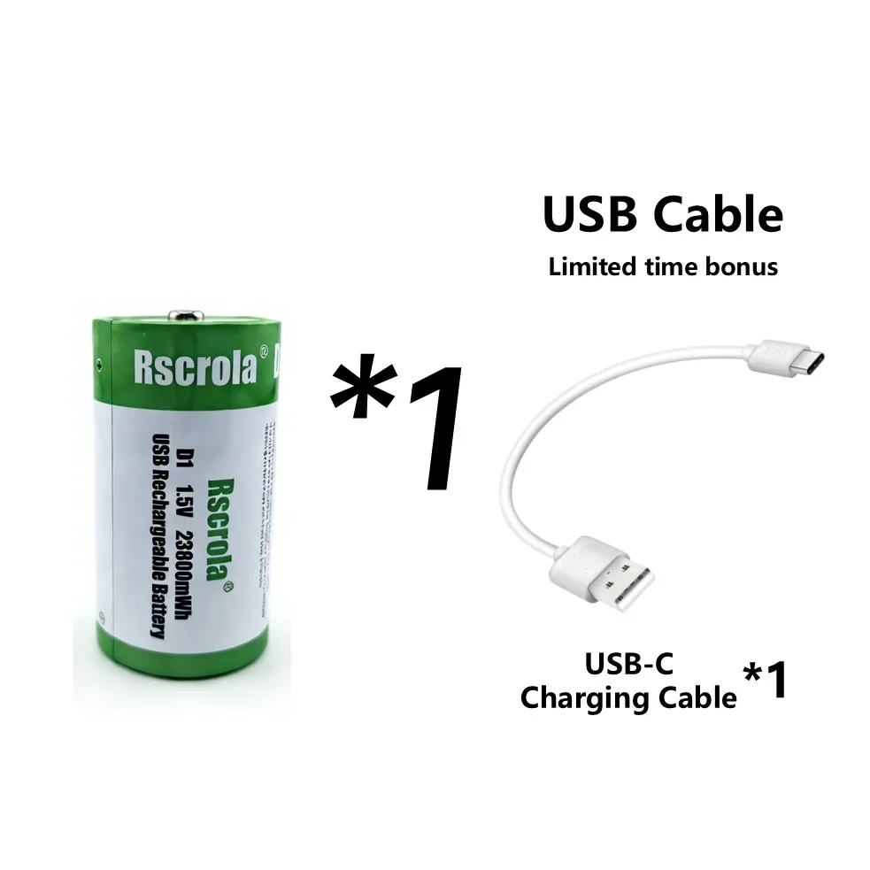 1.5V 23800mWh D-cel batterijen Oplaadbare D-batterijen met oplaadkabel voor gasfornuis, waterverwarmer, zaklamp, radio, gereedschap, speelgoed