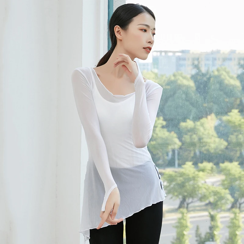 Classical Dance Top Women Gauze Mesh Sheer Shirt Long Thumb Finger Sleeve Training Tulle Top See Through Split Side Hem Clothes