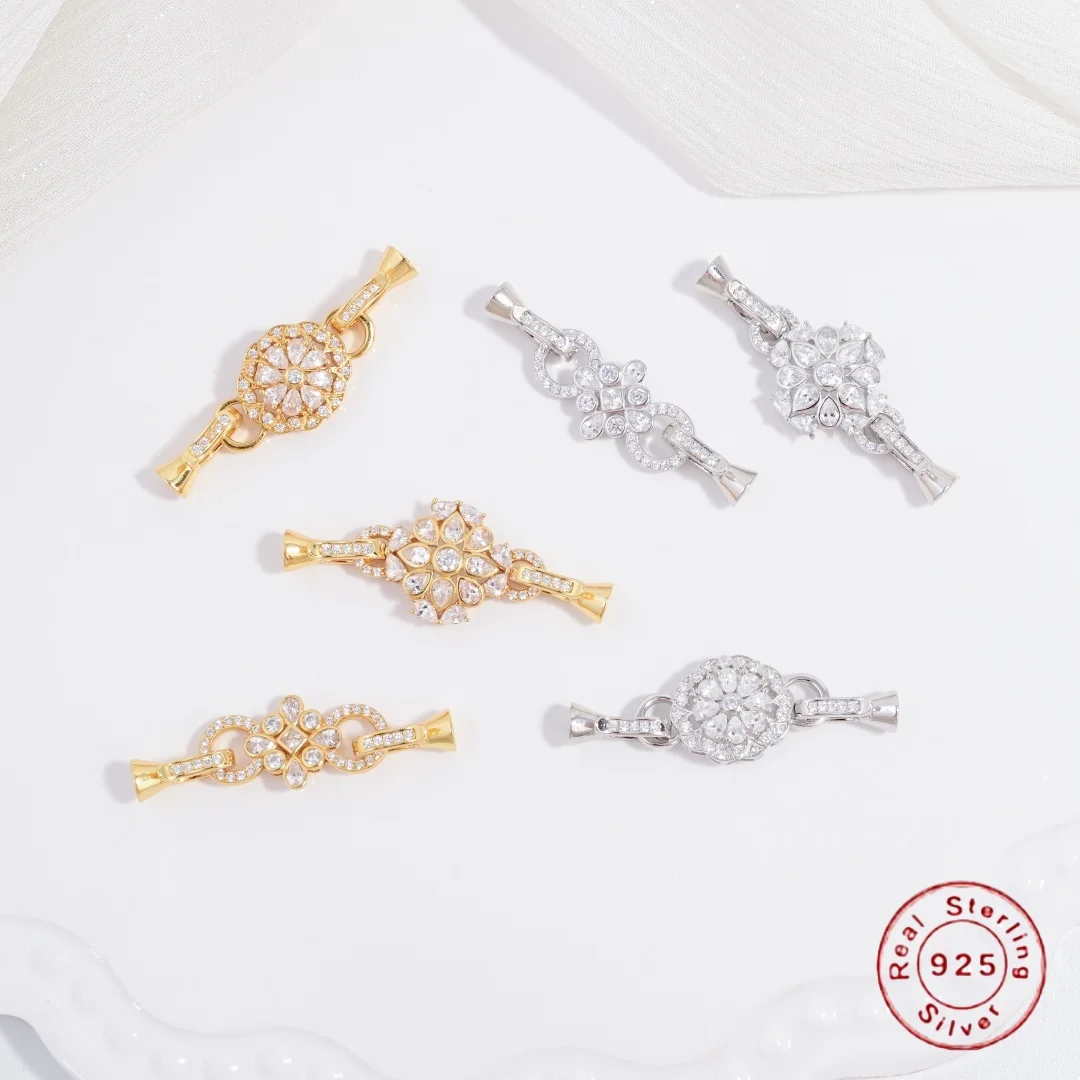 S925 Sterling Silver Inlaid Zircon Double-Hole Pearl Clasp DIY Handmade Tail Chain Connecting Buckle Accessories SK136