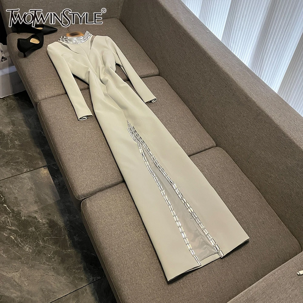 TWOTWINSTYLE Solid Temperament Slimming Dresses For Women Round Neck Long Sleeve High Waist Elegant Dress Female New KDR545728