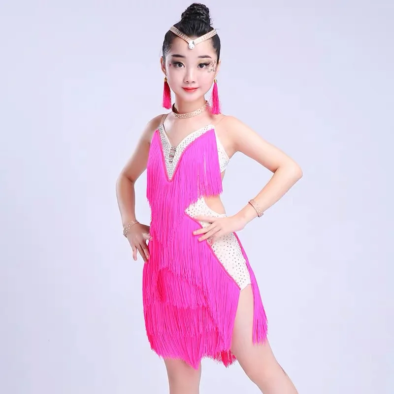 Filles enfants robes de danse latine enfants paillettes glands franges moderne salle de bal Latino robes pour tenues de danse