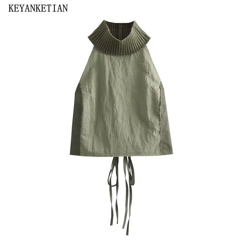 KEYANKETIAN New Cross Lace Up Backless Halter Women's Crop Vest Tops Nylon patchwork Frayed Trim Decoration Sexy Pullover Top