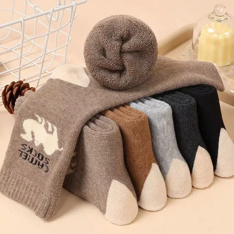 Socken aus Merinowolle für Herren, Winter, verdickt, Kameldruck, kältebeständig, Kaschmirstrumpf, Schneestiefel, Retro, braun, warme Handtuchsocken
