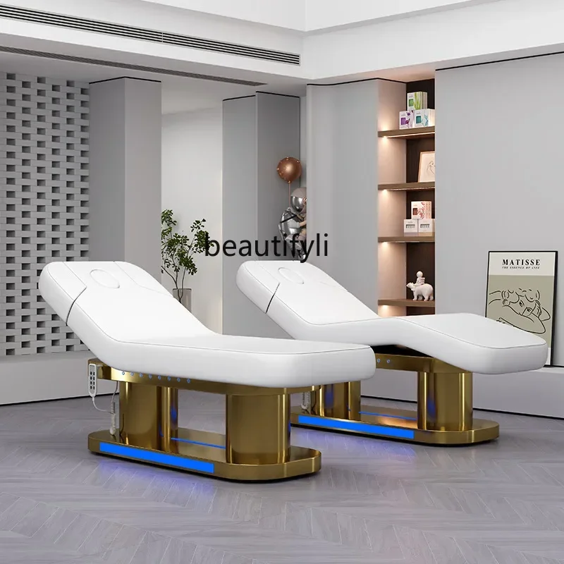 

Electric Lift Beauty Care Bed Beauty Salon Led Stainless Steel Gold Plated Massage Couch Tattoo