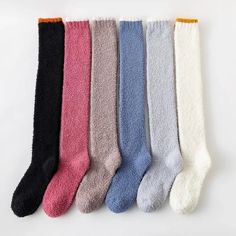 Overknee-Hohe Socken, Winter, warm, Korallen-Fleece, für Damen, Plüsch, Zuhause, Schlaf, Boden, lange Socken, JK, solide, weiche, oberschenkelhohe, lustige Socken – Detail 6
