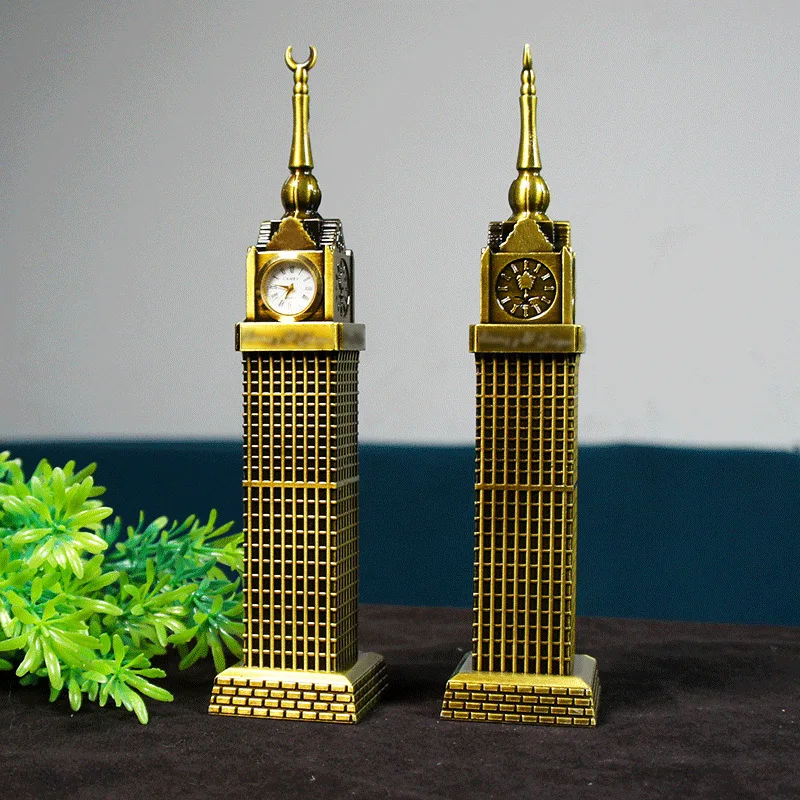 New Antique Bronze Mecca Clock Tower Statue Metal Model Zinc Alloy Clock Tower Saudi Arabia Figurine World Landmark Architecture