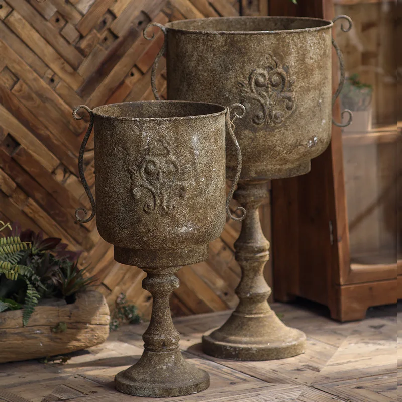 Estate Trophy Iron Floor Urn Planter, Vintage European Pedestal Vase with Scroll Handles, Rustic Manor Garden Statement Decor