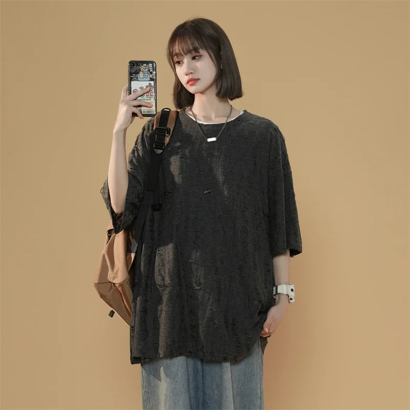 American Retro Hole Short Sleeved T-shirt Women Summer Hip Pop Design Sense Washed To Make Old Couple Tops T Shirt for Girls
