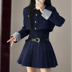 Korean Y2K Blazer Dresses Two Piece Set Fashion Long Sleeve Short Jackets Tops with Mini Pleated Dress Suit Streetwear for Women