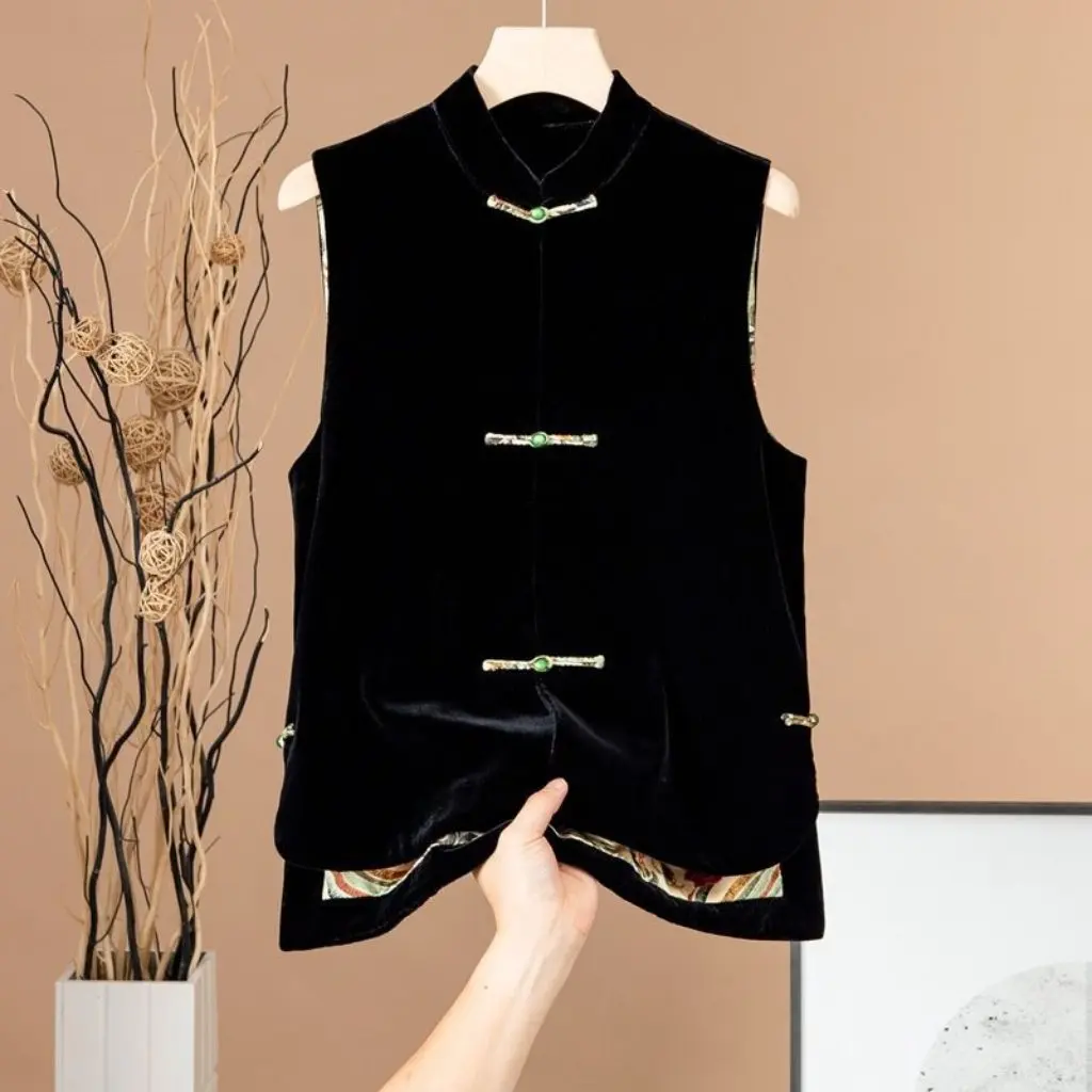 

Women's Chinese Style Velvet Vest National Pattern Vertical Collar Buckle All-match Outer Split Autumn Winter Fashion