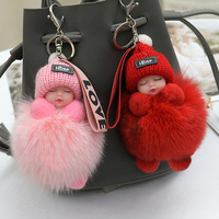 Pompom Sleeping Baby Keychain Cute Fluffy Plush Doll Keyholder Women Girl Bags Keyrings Cars Key Ring Gift Charming Decoration