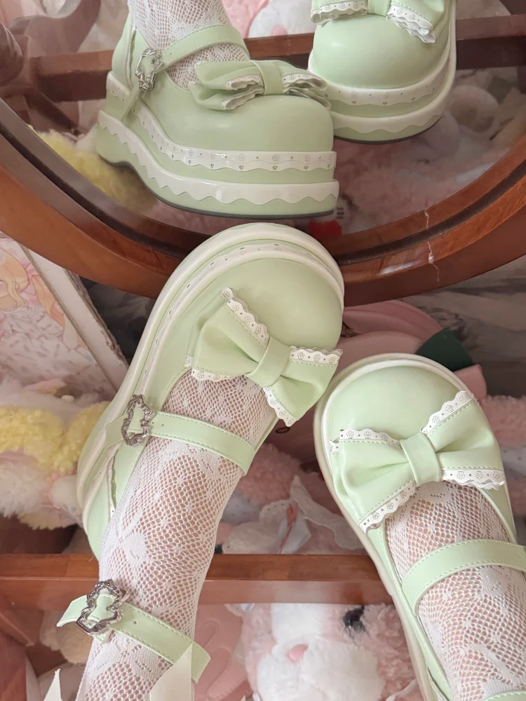 Kawaii Girly Original Lolita Bow Thick Muffin Shoes Cute Sweet Cake Double Bottom Waterproof Table Heightening Mary Jane Shoes