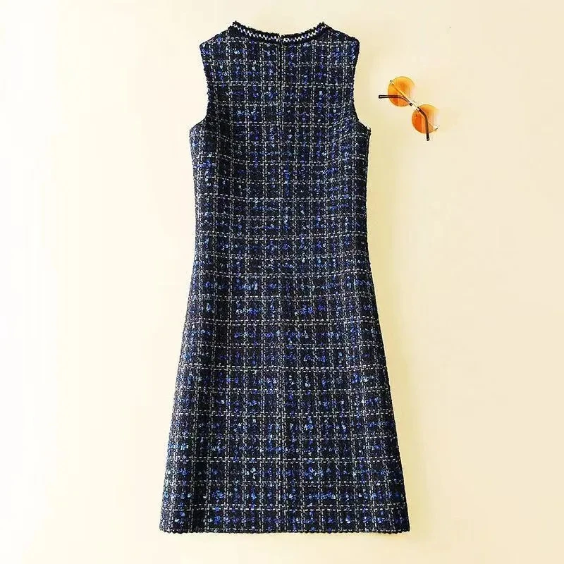 2026 Spring Autumn New Woolen Sleeveless Dress for Women Small Fragrant Style Round Neck Vest Socialite Medium Long Vest Dresses