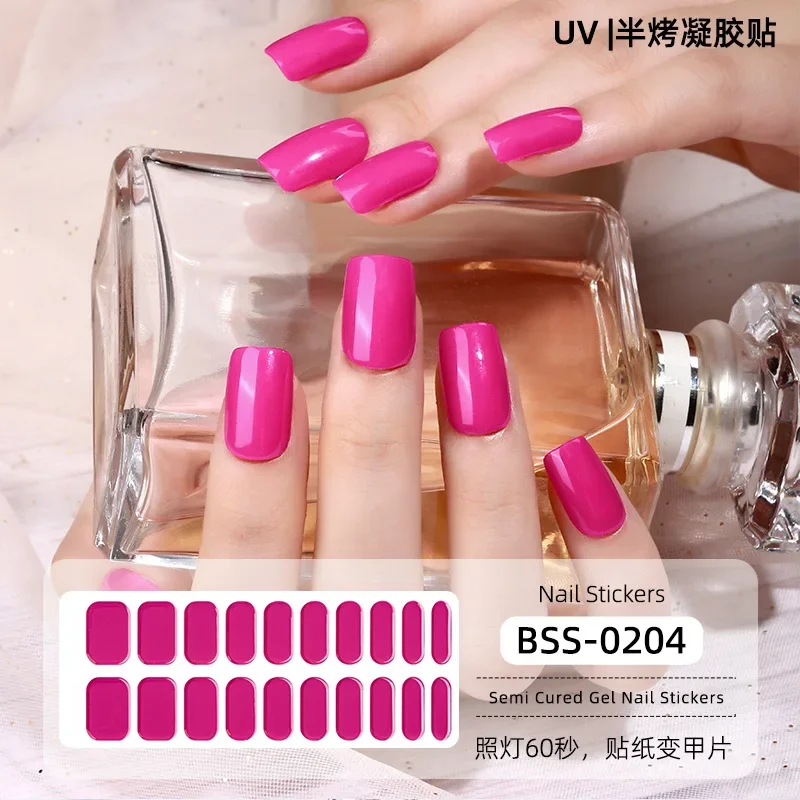 16/20/22/24 Strips Semi-cured Gel Nail Stickers Waterproof Solid Color Nail Patches Full Cover Nail Decals  UV Lamp Required