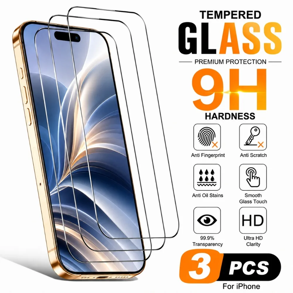 

3PCS High Definition Tempered Glass for iPhone 16 15 17 14 Pro Max 17e 16e Air 15 14 Plus 13 12 11 Anti-Scratch Screen Protector