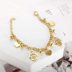 Trendy Stainless Steel Heart Palm Charm Bracelet Gold Color Cuban Link Chain Round Ball Bracelets for Women Waterproof Jewelry