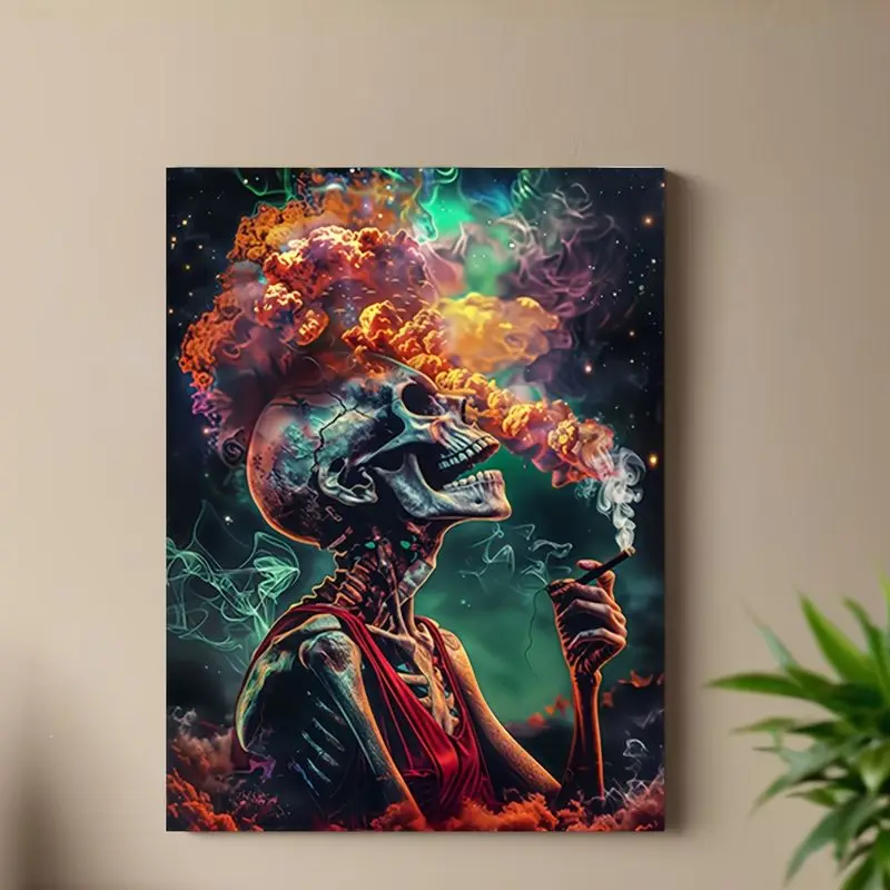VIKAMA Psychedelic Starry Sky Smoke Smoking Skeleton Art Tapestry, Hippie Wall Art for Bedroom Living Room