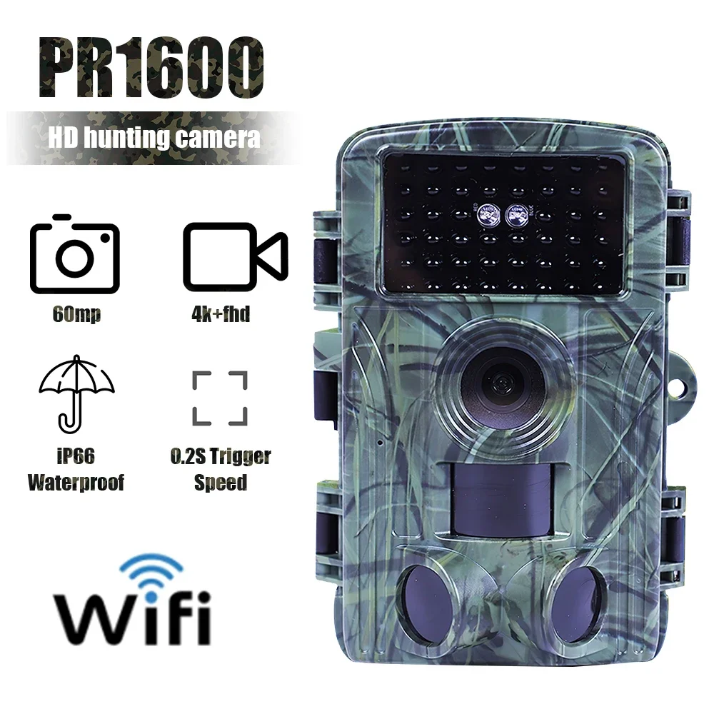 60MP WIFI Outdoor Hunting Trail Camera PR1600 4K Wildlife Cam Track Motion Activated Infrared Night Vision Waterproof Photo Trap