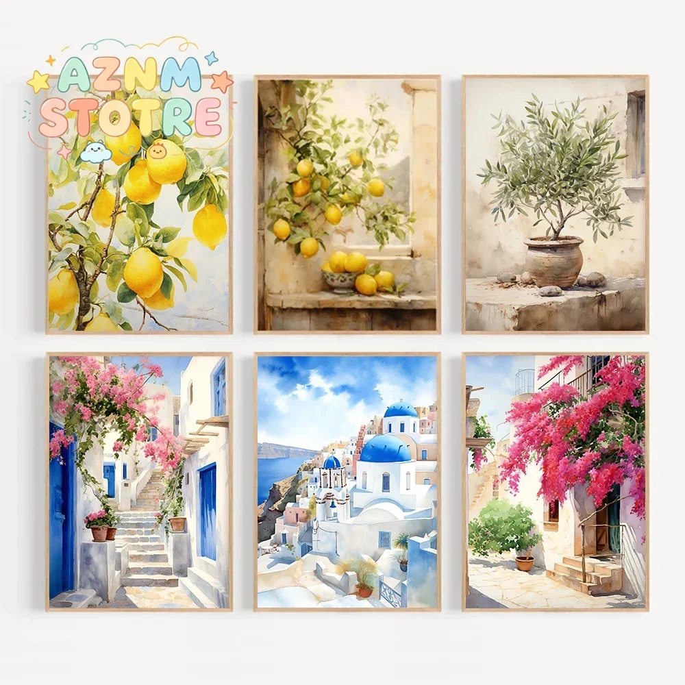 Retro Mediterranean Greece Italian Lemon Olive Tree Landscape Poster Canvas Painting Wall Art Pictures Home Interior Decor