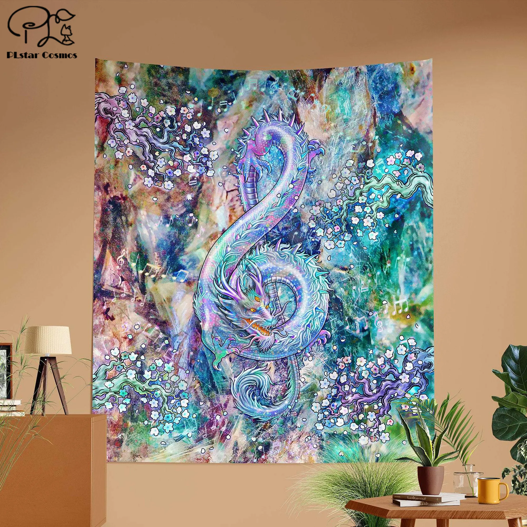 Dragon Tapestry, Music Wall Hanging, Boho and Indie Home Decor, Art Print - Gemstone, Opal, Treble Clef