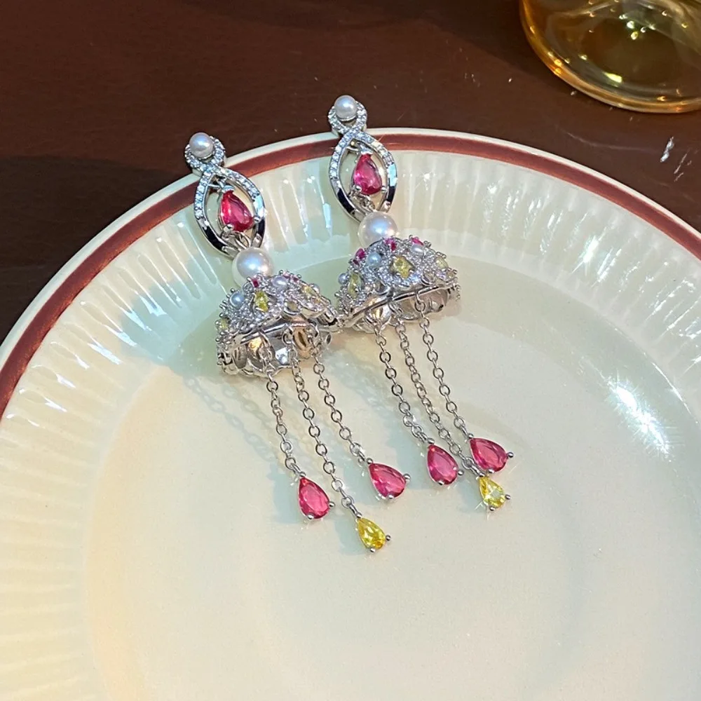 High End Folk Style Pearl Tassel Earrings Zircon Lantern Earrings Fashionable Temperament Earrings