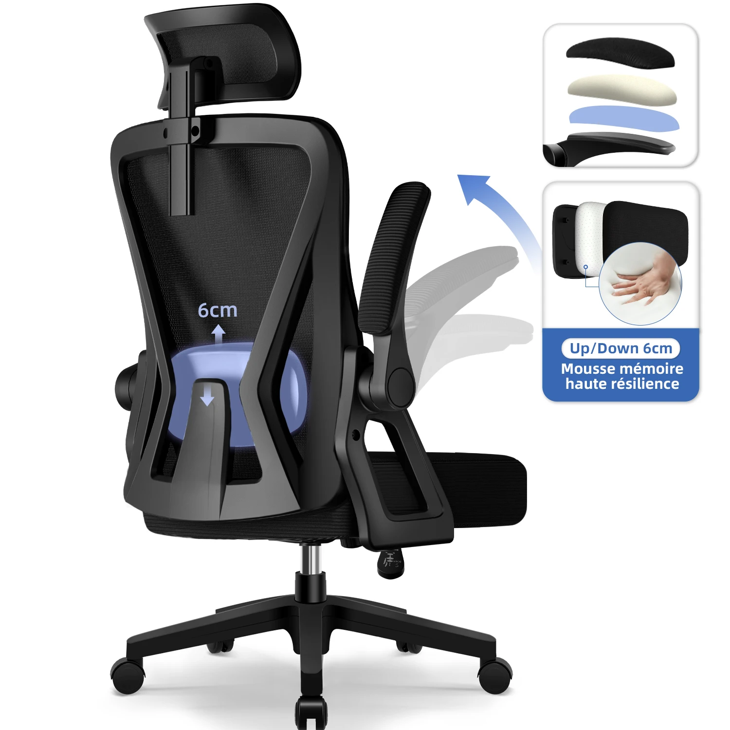 Chaise de bureau AUTHMIC – Accoudoirs pliables, dossier inclinable, appui-tête réglable, lombaire réglable, Max 150 kg, chaise de bureau