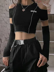E-girl Style Patchwork Black T-shirts Gothic Open Shoulder Sleeve Y2k Crop Tops Ruffles Hem Hip Hop Techwear Women Tee