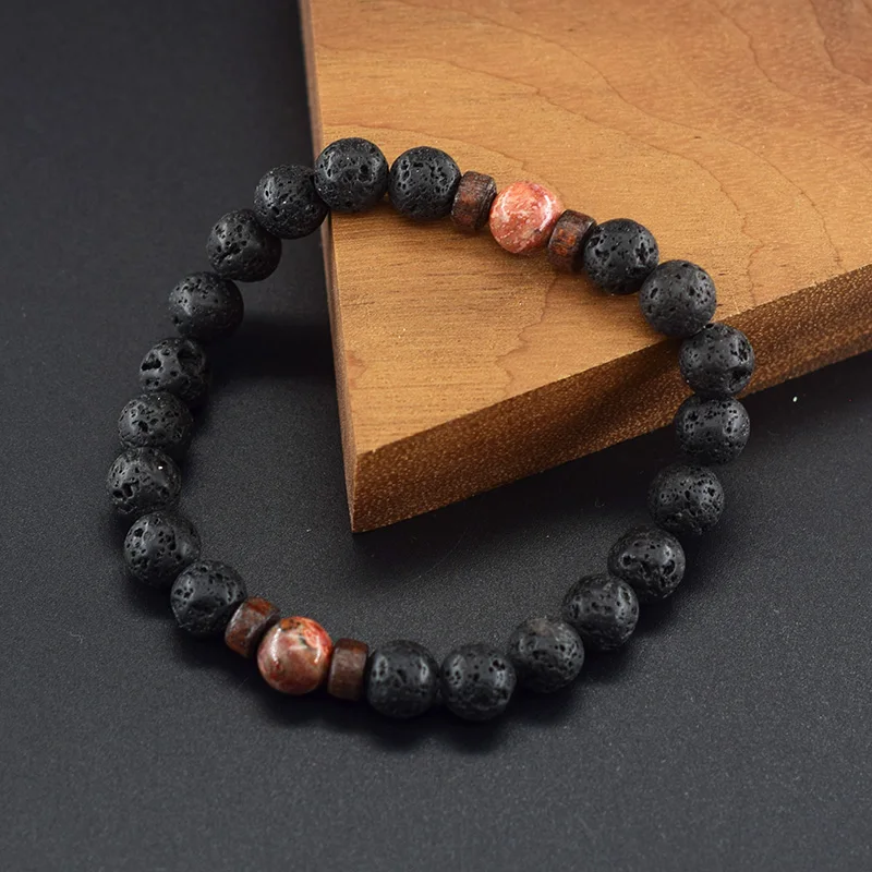 8mm Volcanic Stone Bracelet Men Women Stimulate the Circulation of Blood Natural Red Leopard Skin Beads Bangle Gift for Father