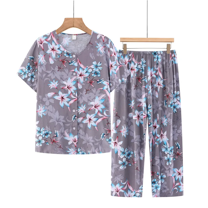 UHYTGF Women\'s Summer Two-Piece Set Printed Cotton Silk Thin Home Clothes Middle-Aged Elderly Loose Big Size Tracksuit Suit 2426