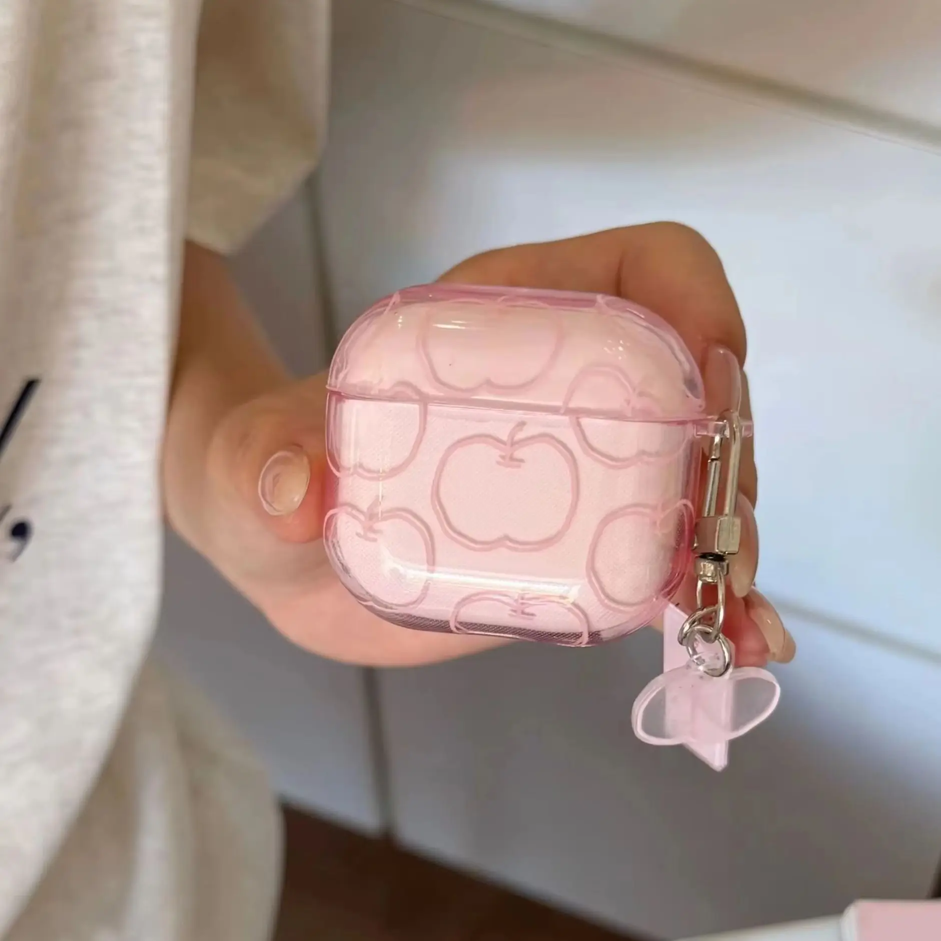 Simple Transparent Pink Lines Apple Pattern Glossy Surface Earphone Cover Case For AirPods 1 2 3 4 5 Pro Pro2 Pro3 with Pendant