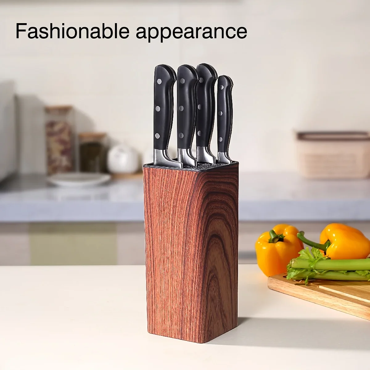1pc New PP Home Kitchen Knife Block Holder Rack Stands with Wood Grain Surface and Rubber Plastic Coating for Kitchen Storage