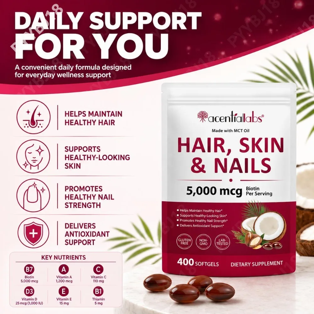 Hair, Skin & Nails Softgels with MCT oil Collagen Hyaluronic Acid Antioxidant Support for Maintain Healthy Hair Skin Nails 400Ct