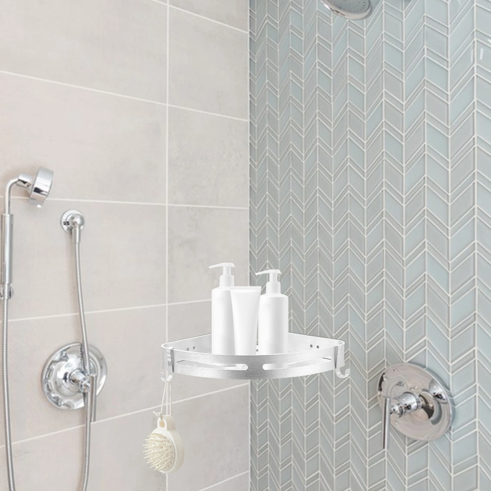 

Wall-Mounted Rack Space-Saving Aluminum Shelf Bathroom Kitchen Organizer Punch-Free Rack for Towels Soap Shampoo