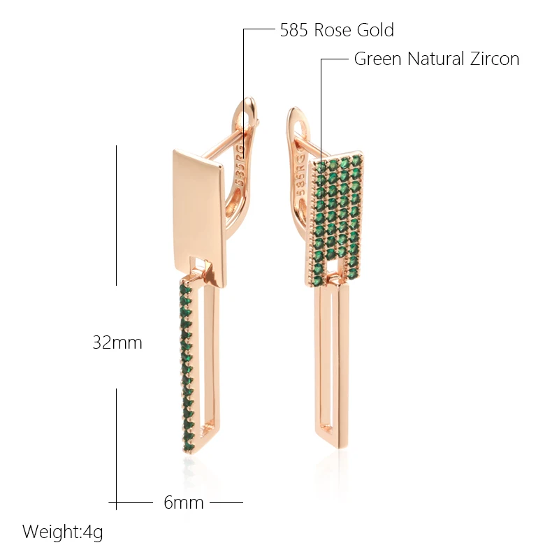 Kinel Hot Trend Square Geometry Earrings for Women 585 Rose Gold Color Full Green Natural Zircon Accessories Daily Fine Jewelry