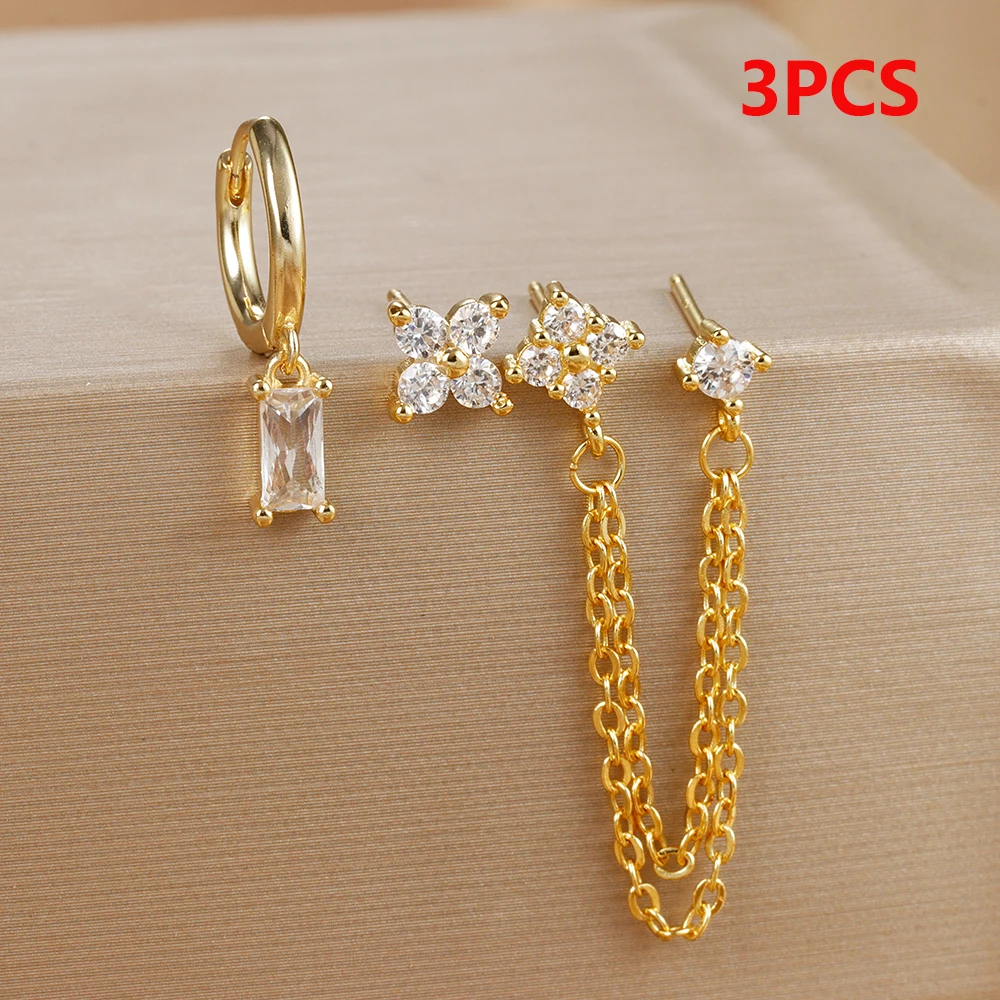 3PCS Fashion Double Ear Hole Chain Crystal Ear Stud Earring Set For Women Square Pendant Piercing Hoop Earring Piercing Jewelry