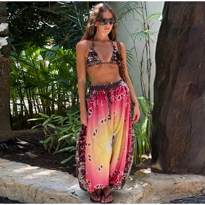 Gradient Contrast Print Harem Pants Oversize Baggy Elastic Waist 2026 Summer Boho Women Trousers Trendy Classy Lady Bottoms