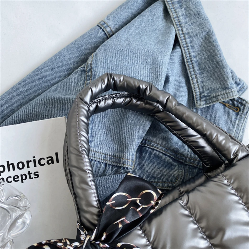 Elegante Damen-Tragetasche mit Seidenschal-Akzent, gesteppte Umhängetaschen für Damen, lässig, einfarbig, gepolstert, Damen-Umhängetasche – Detail 18