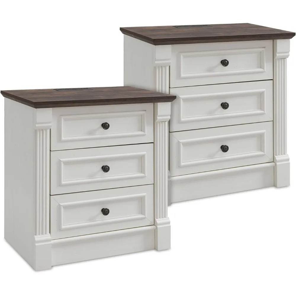 Pair of 26-Inch Tall Farmhouse Nightstands with 3 Drawers and Charging Station, 23.6-Inch Wide Large Side Table featuring Roman