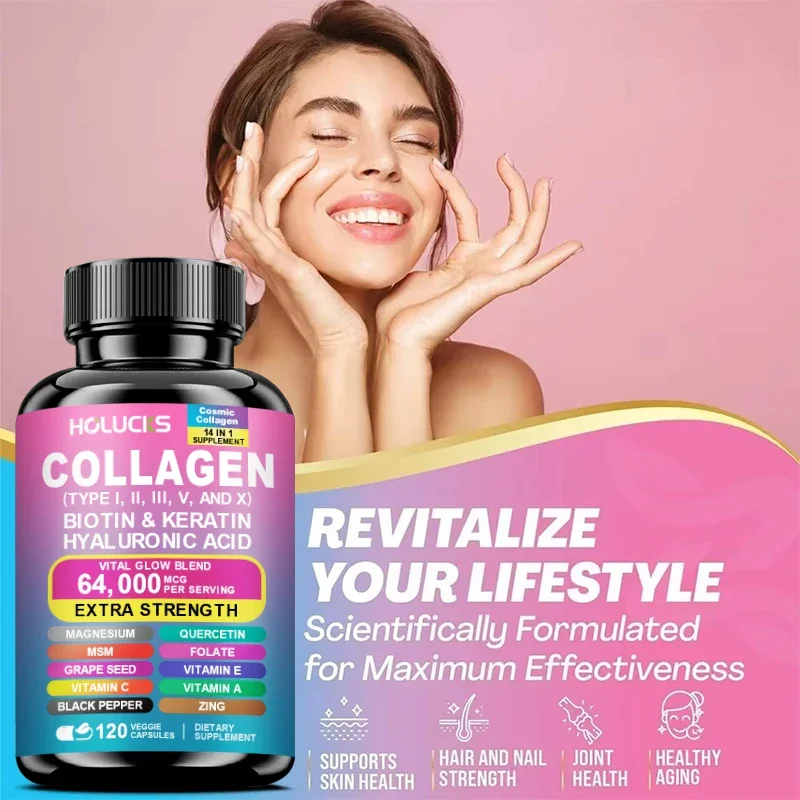 Collagen Pills Keratin Hyaluronic Acid MSM Vitamin A Vitamin C Vitamin E Folate Zinc Magnesium with Grape Seed Extract Capsules