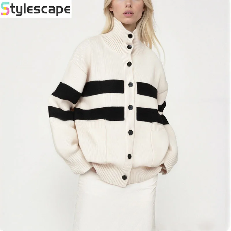 

Полосатый свитер с высоким воротом на осень и зиму, свободный размер больших размеров, вязаный кардиган для внешней торговли для женщин