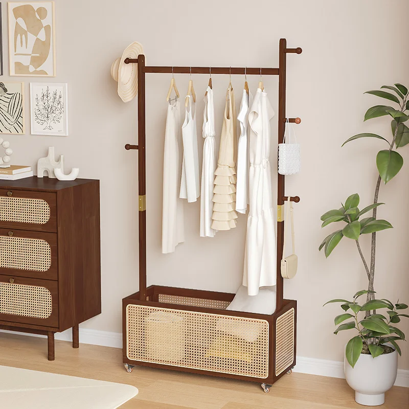 

Rattan solid wood open wardrobe bedroom rack cloakroom hanging clothes removable shelf multi-functional storage