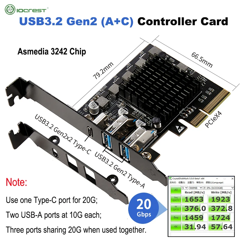 

IOCREST 2 USB 3.2 Gen2 x2 A and 1 USB C Type-C PCIe x4 Host Controller Card 20Gbps Full Speed Industrial Camera Video Capture