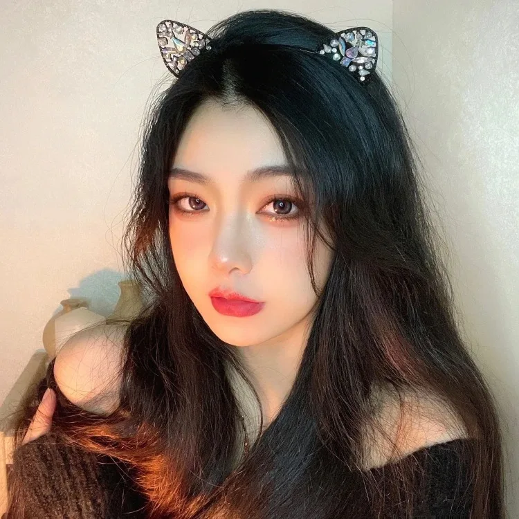 여성용 헤어 후프 글리터 크리스탈 금속 라인석 고양이 귀 머리띠, 코스튬 파티 헤어밴드 액세서리, 1PC