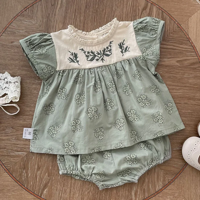 

2024 New Summer Toddler Baby Girls Clothes Suit Short Sleeved Cotton Printed T-shirt+PP Shorts 0-24M Children Clothing Set