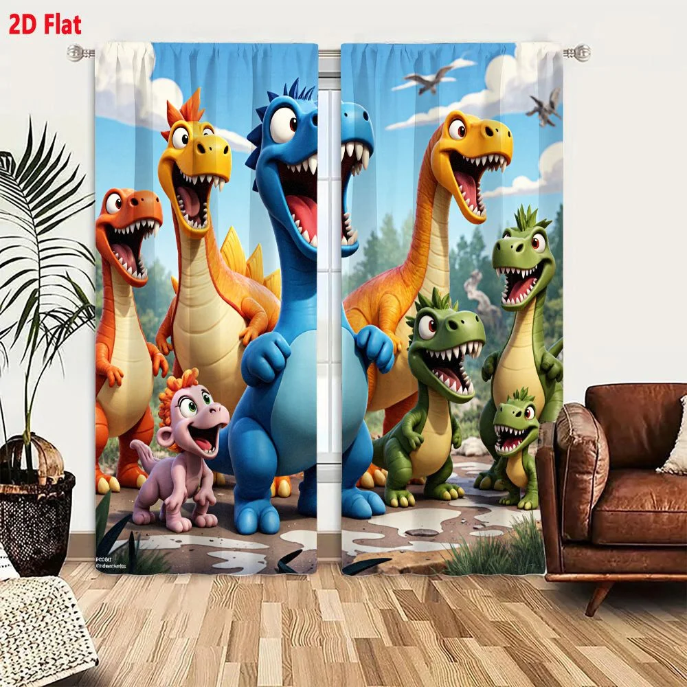 2Pcs Curtains 2D Flat Group Of Animated Dinosaurs And Pink Dinosaur-Like Creature In Cheerful Prehistoric Outdoor Setting Window