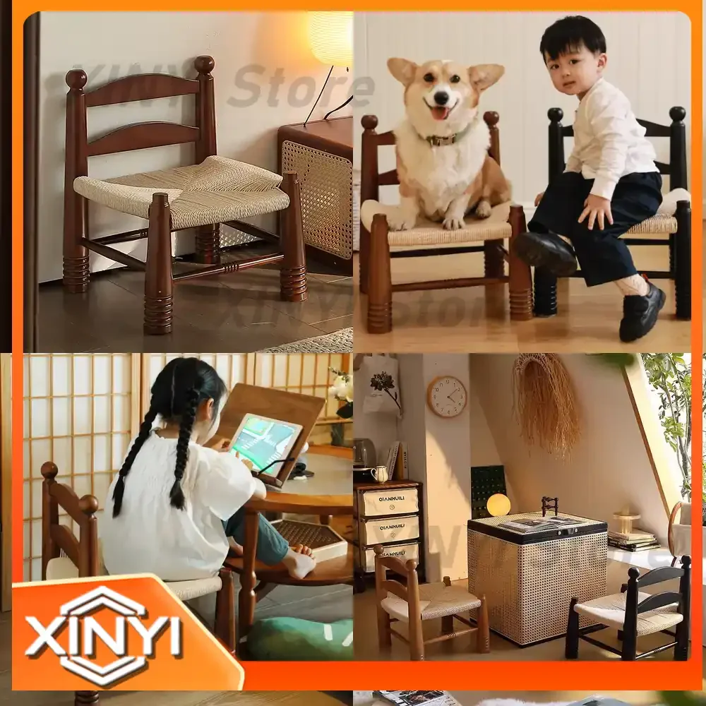 Rattan Woven French Vintage Low Shoe Bench with Backrest for Home Use Single Person Children Solid Wood Chair Portable