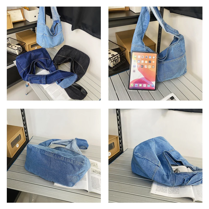 Denim Damestas 2022 Nieuwe Eco Herbruikbare Dames Handtassen Canvas Winkelen Reizen Schoudertassen Unisex Jeans Crossbody Tas Shoppers